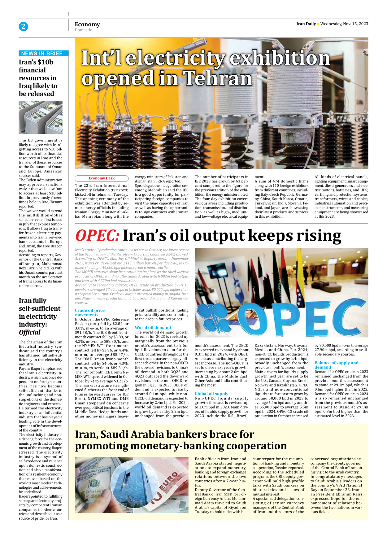Iran Daily - Number Seven Thousand Four Hundred and Thirty Five - 15 November 2023 - Page 2