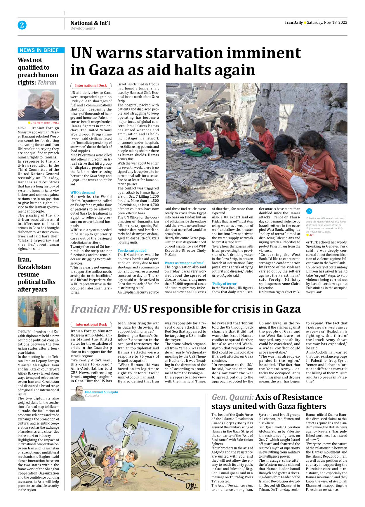 Iran Daily - Number Seven Thousand Four Hundred and Thirty Seven - 18 November 2023 - Page 2