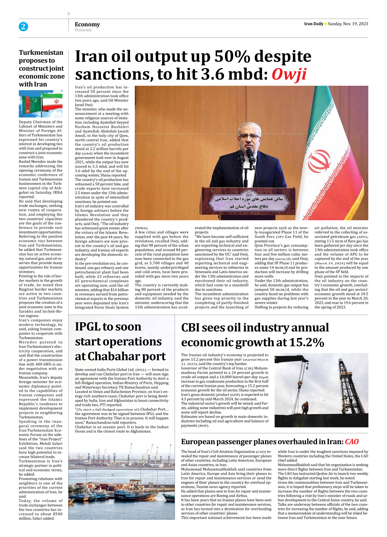 Iran Daily - Number Seven Thousand Four Hundred and Thirty Eight - 19 November 2023 - Page 2