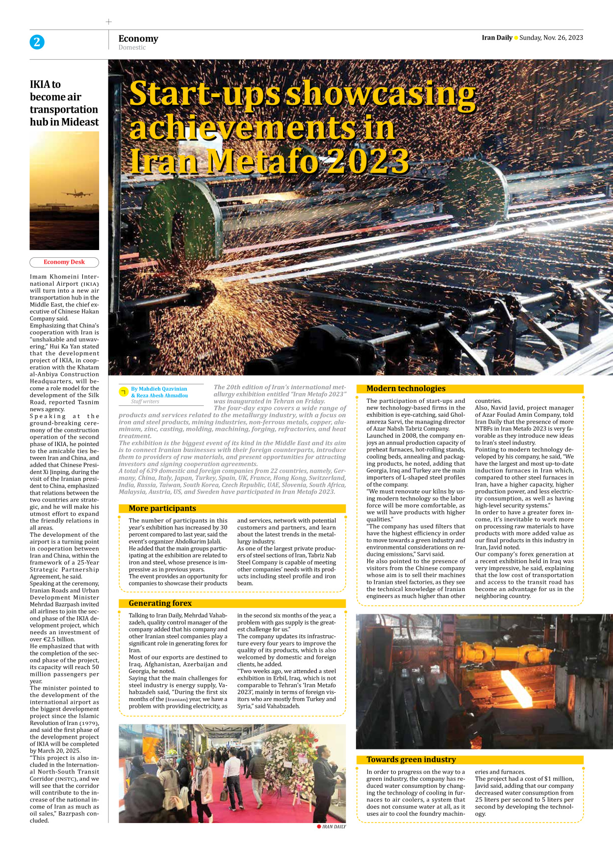 Iran Daily - Number Seven Thousand Four Hundred and Forty Four - 26 November 2023 - Page 2