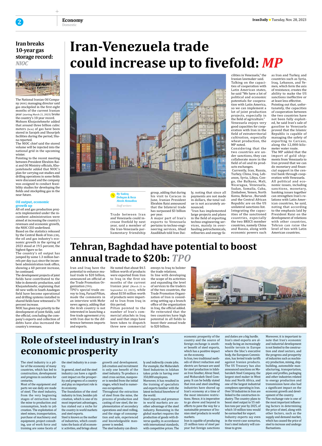 Iran Daily - Number Seven Thousand Four Hundred and Forty Six - 28 November 2023 - Page 2