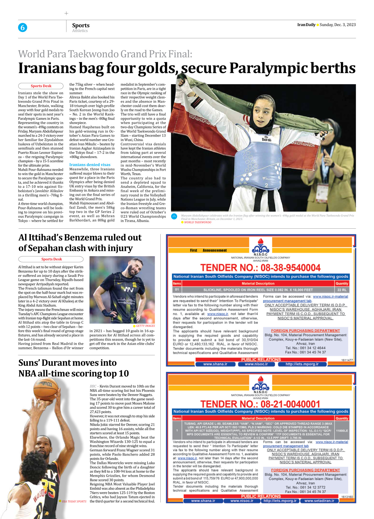 Iran Daily - Number Seven Thousand Four Hundred and Fifty - 03 December 2023 - Page 6
