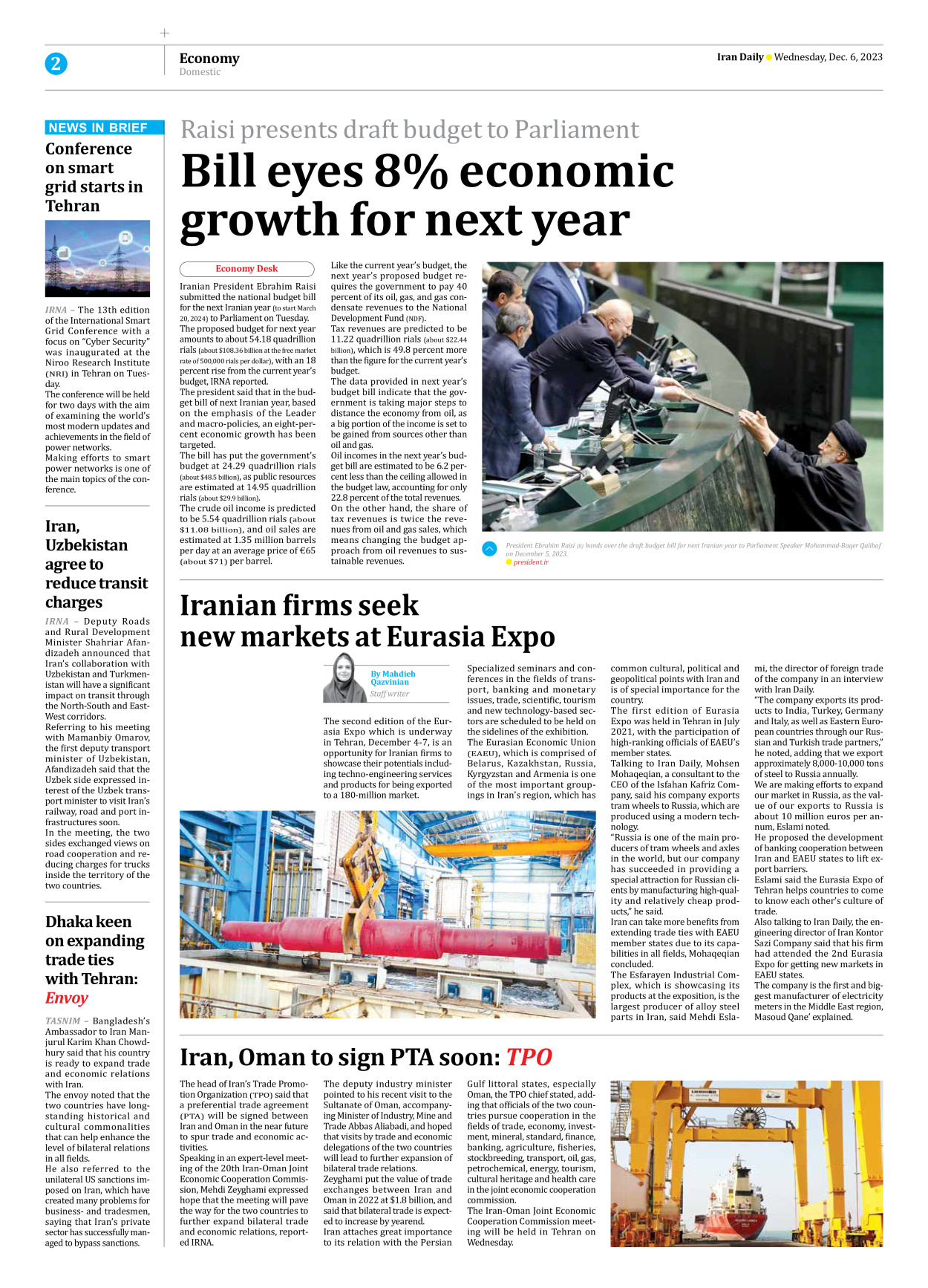 Iran Daily - Number Seven Thousand Four Hundred and Fifty Three - 06 December 2023 - Page 2