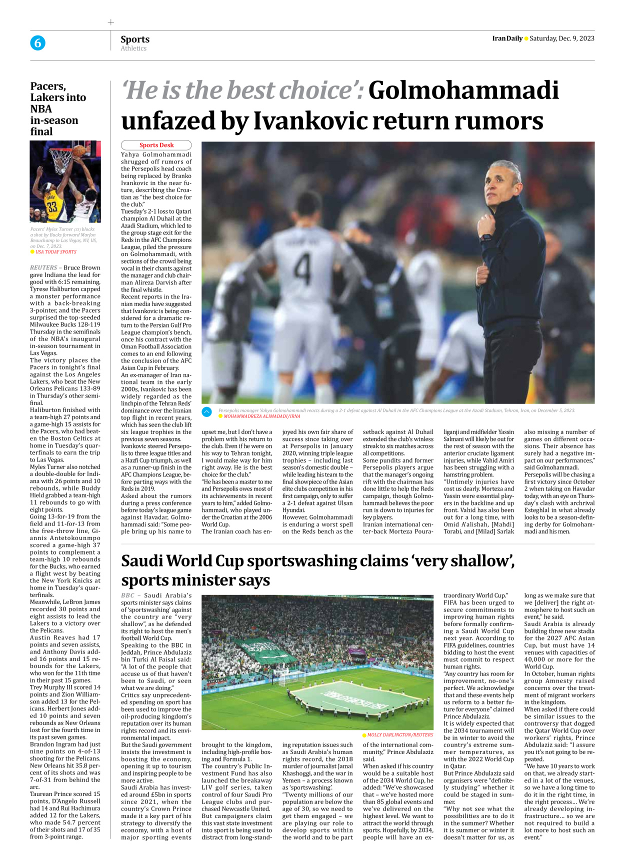 Iran Daily - Number Seven Thousand Four Hundred and Fifty Five - 09 December 2023 - Page 6