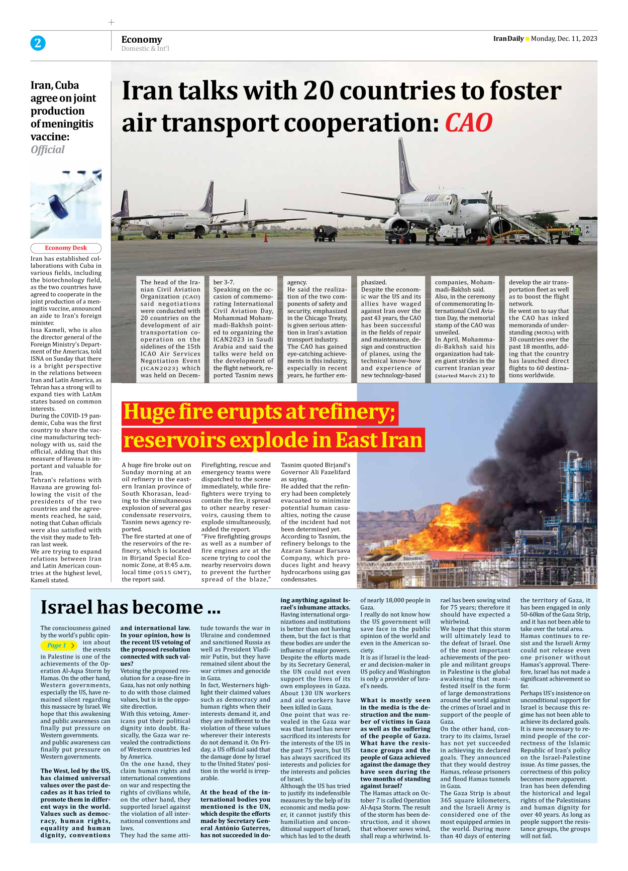 Iran Daily - Number Seven Thousand Four Hundred and Fifty Seven - 11 December 2023 - Page 2