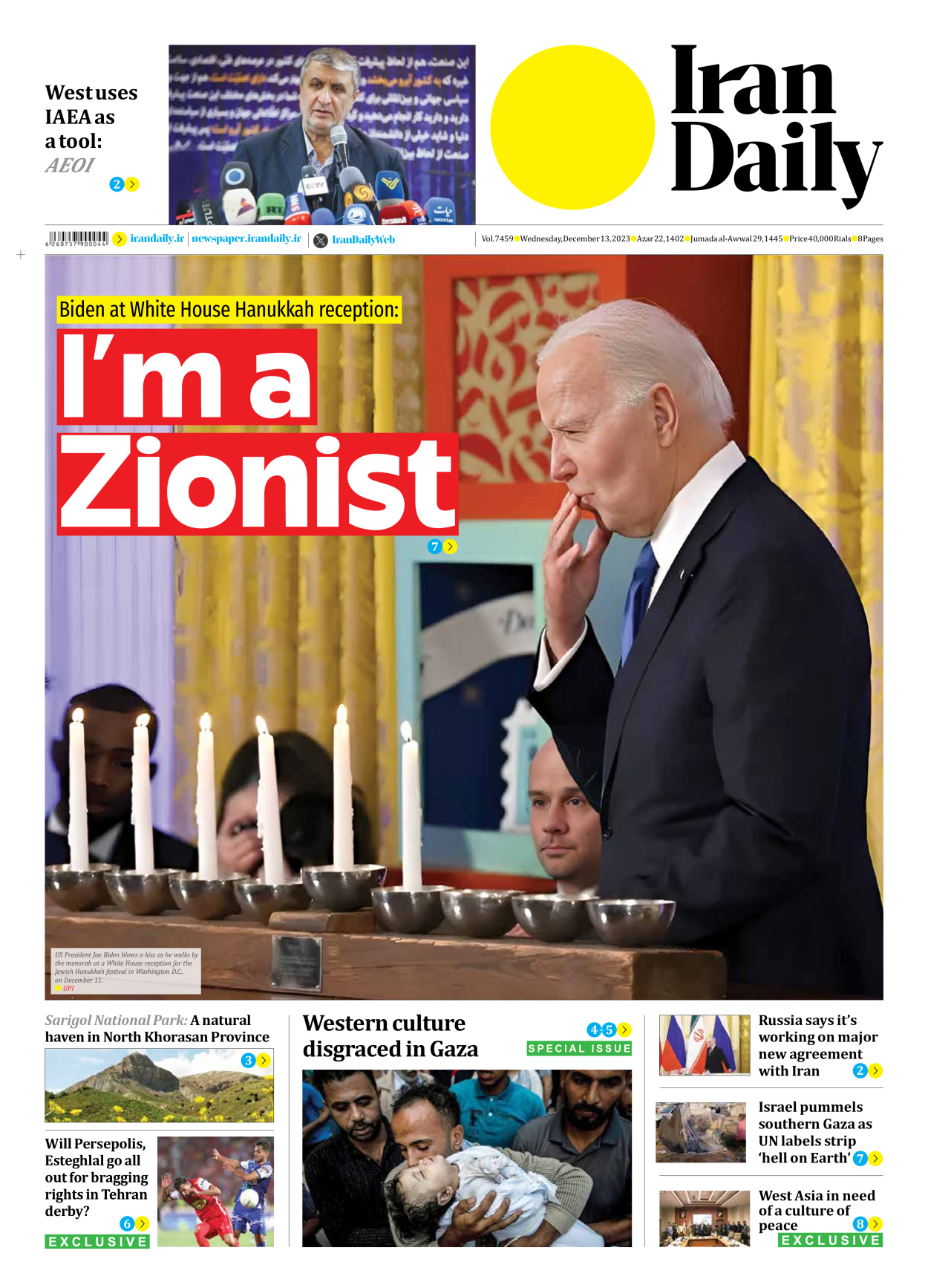 Iran Daily - Number Seven Thousand Four Hundred and Fifty Nine - 13 December 2023 - Page 1