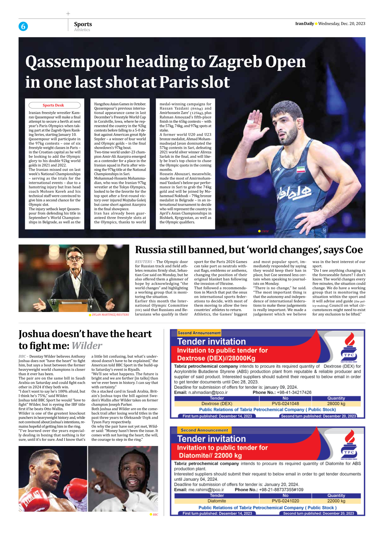 Iran Daily - Number Seven Thousand Four Hundred and Sixty Three - 20 December 2023 - Page 6