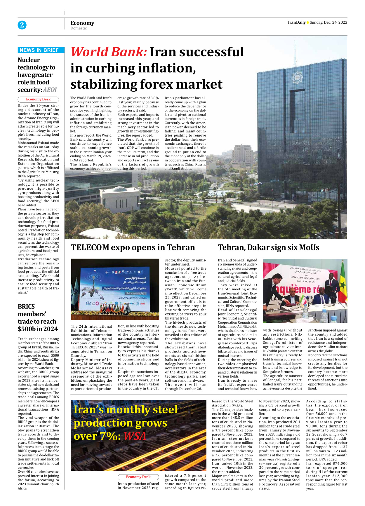 Iran Daily - Number Seven Thousand Four Hundred and Sixty Six - 24 December 2023 - Page 2