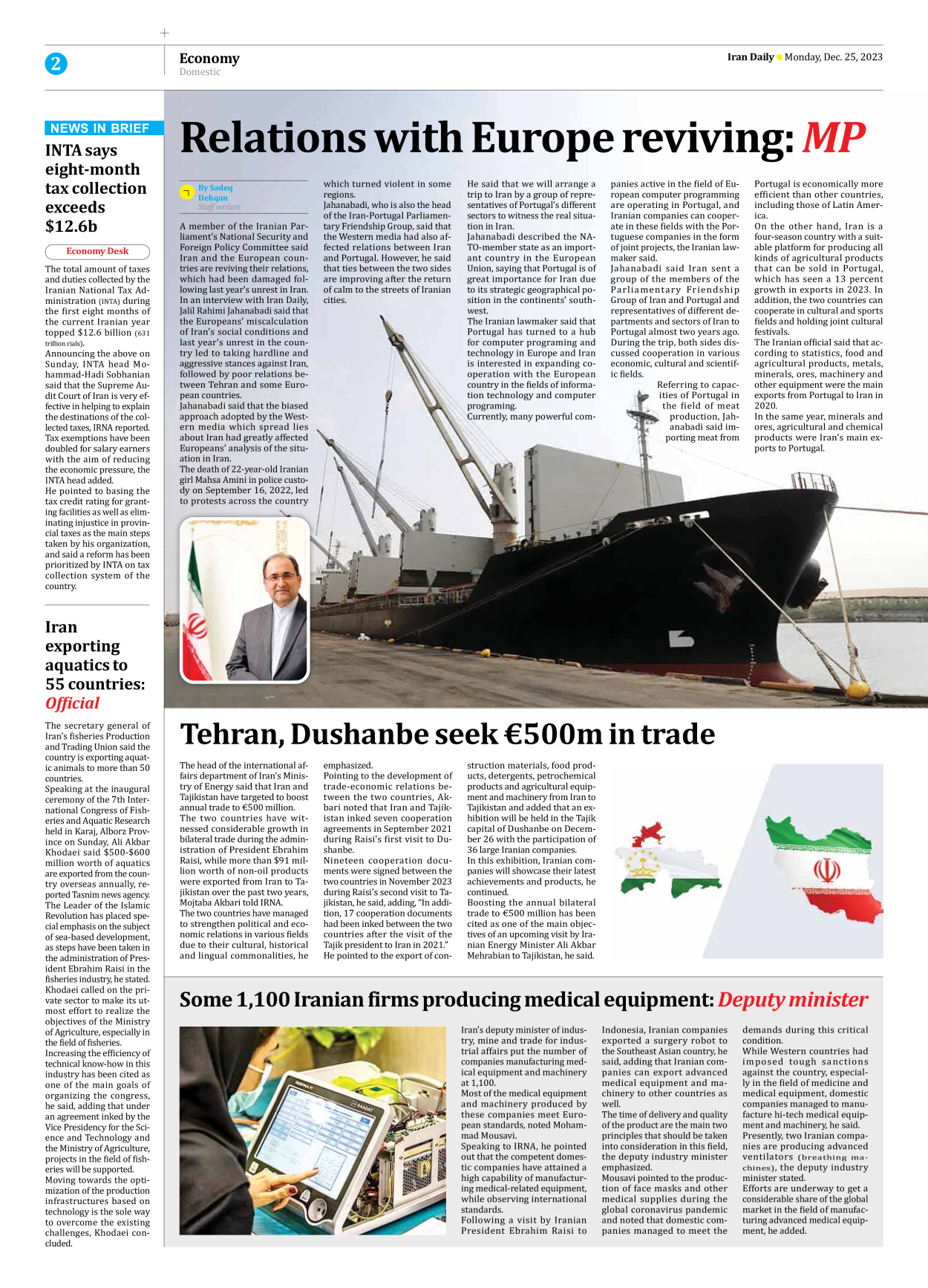 Iran Daily - Number Seven Thousand Four Hundred and Sixty Seven - 25 December 2023 - Page 2