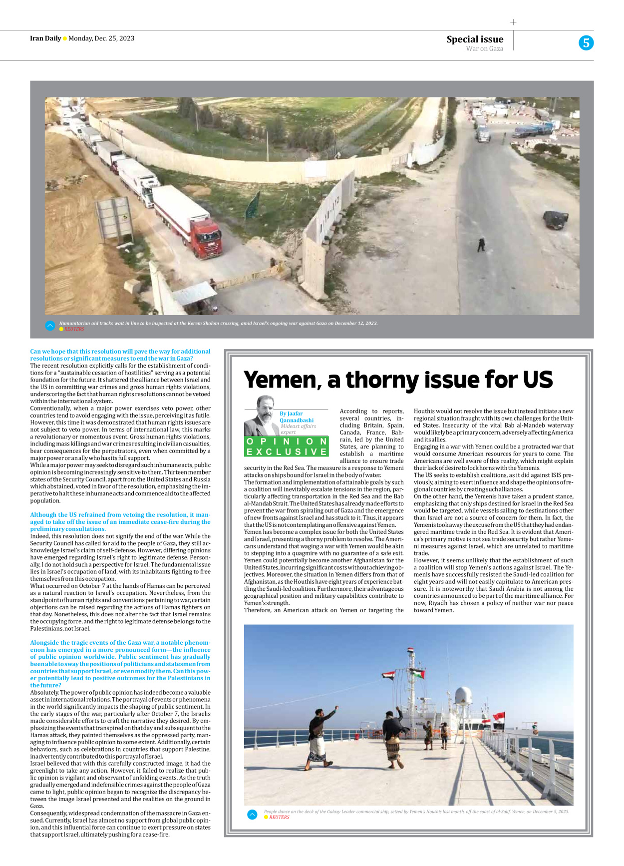 Iran Daily - Number Seven Thousand Four Hundred and Sixty Seven - 25 December 2023 - Page 5