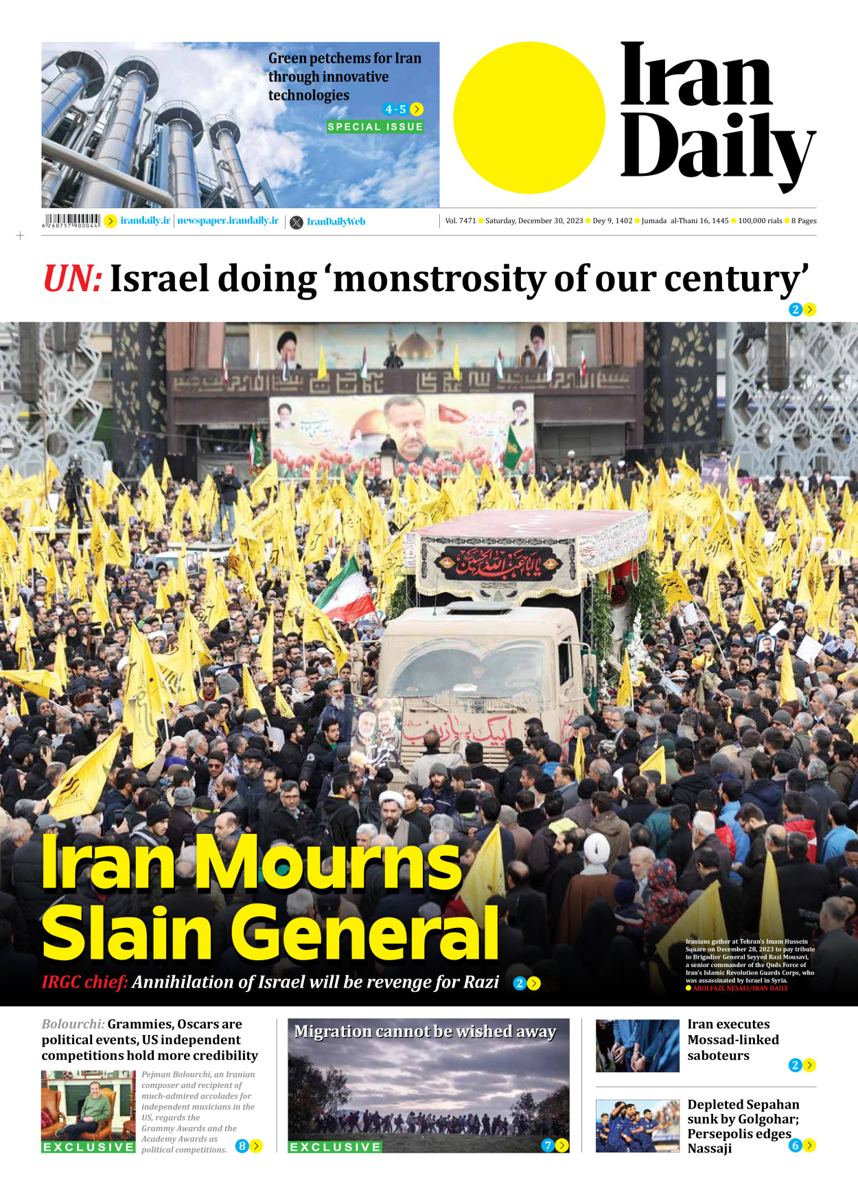 Iran Daily - Number Seven Thousand Four Hundred and Seventy One - 30 December 2023