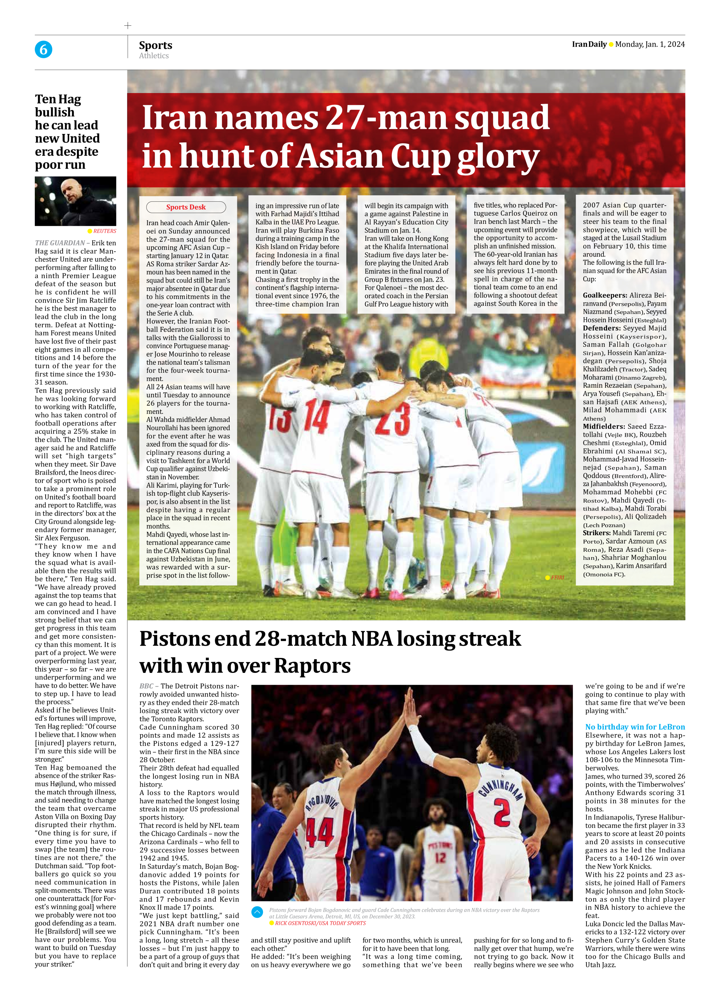 Iran Daily - Number Seven Thousand Four Hundred and Seventy Three - 01 January 2024 - Page 6