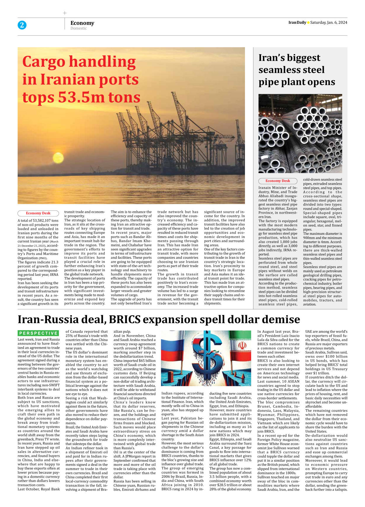 Iran Daily - Number Seven Thousand Four Hundred and Seventy Seven - 06 January 2024 - Page 2