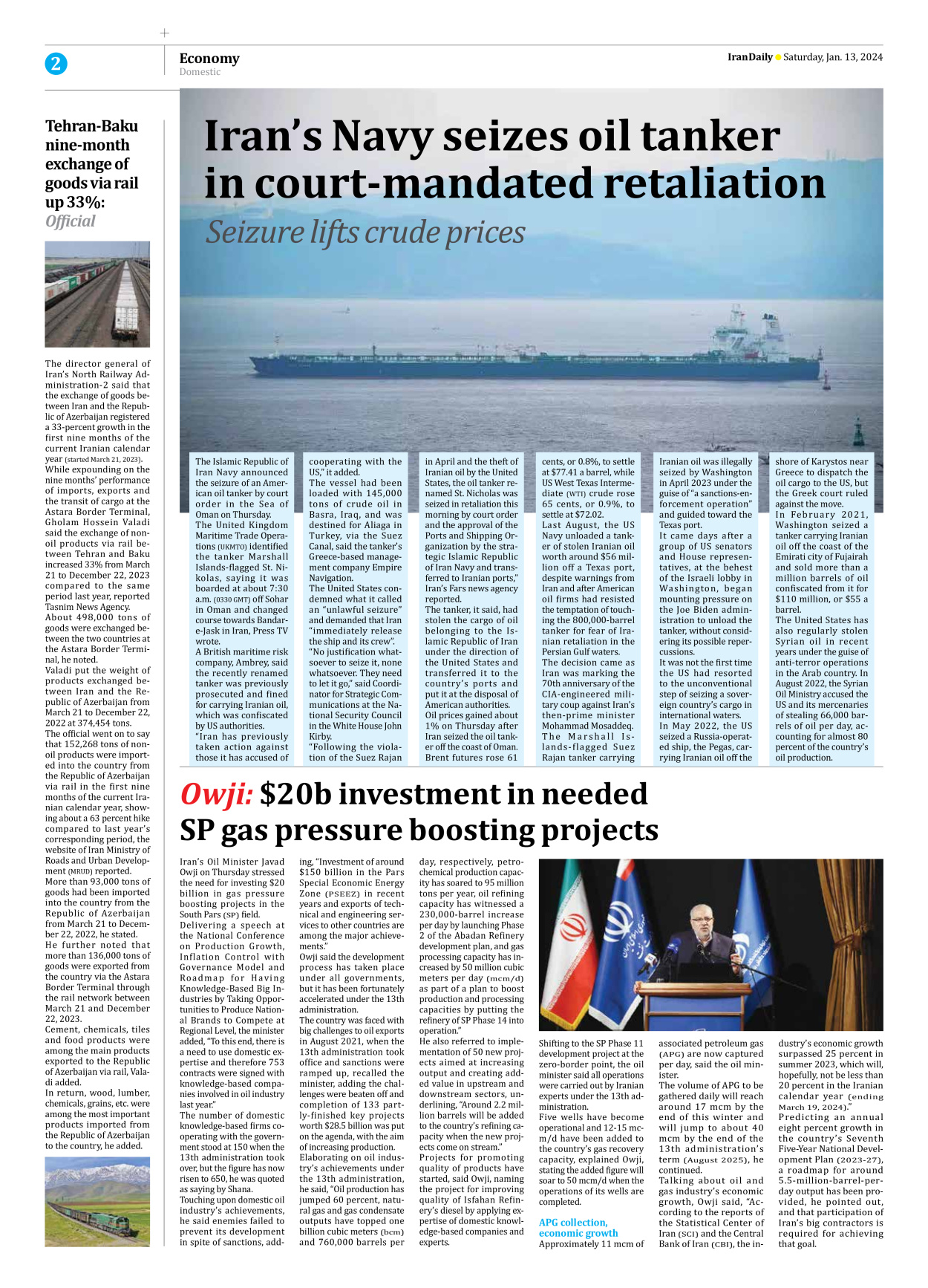 Iran Daily - Number Seven Thousand Four Hundred and Eighty Three - 13 January 2024 - Page 2