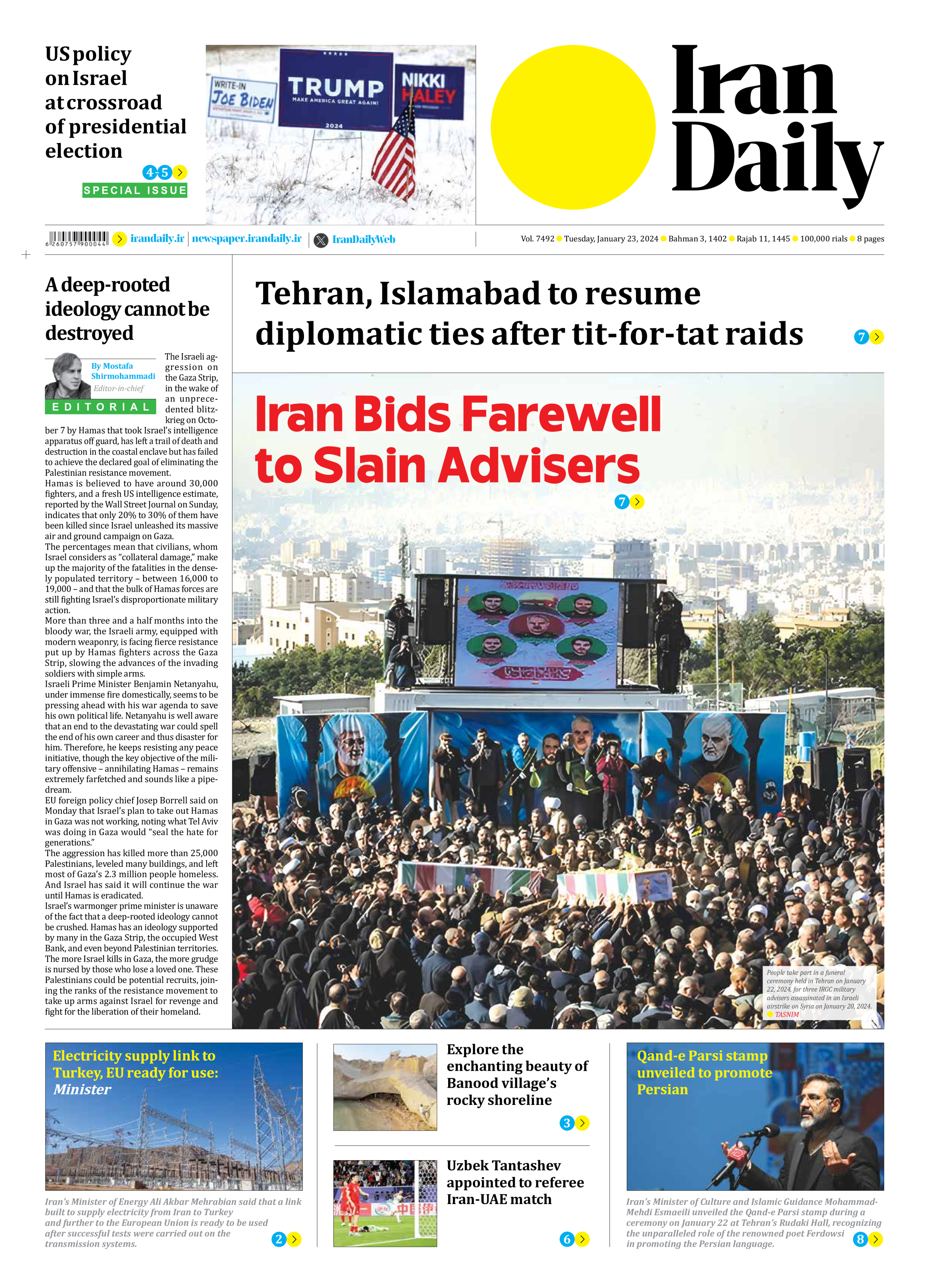 Iran Daily - Number Seven Thousand Four Hundred and Ninety Two - 23 January 2024 - Page 1
