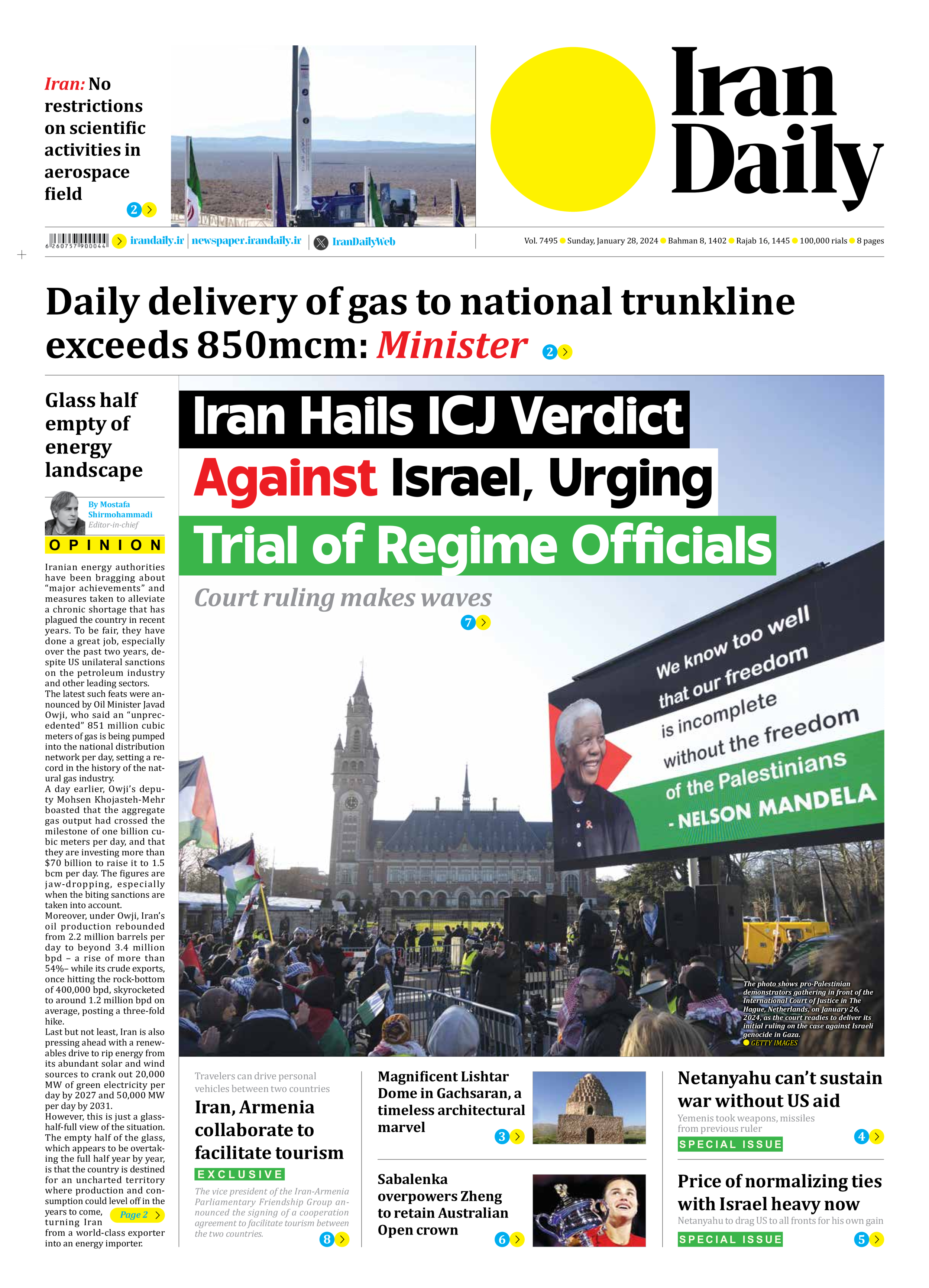 Iran Daily - Number Seven Thousand Four Hundred and Ninety Five - 28 January 2024 - Page 1