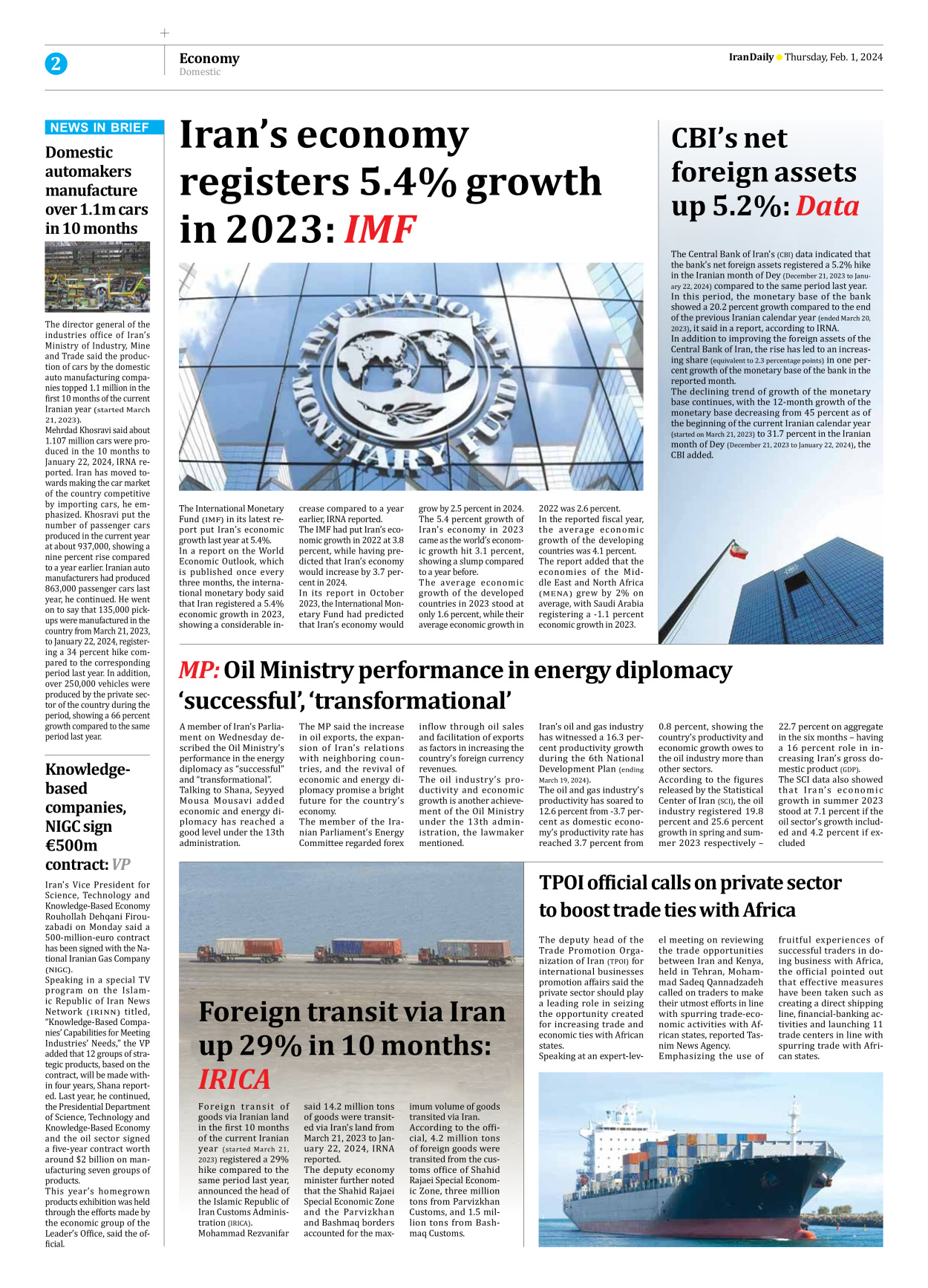 Iran Daily - Number Seven Thousand Four Hundred and Ninety Nine - 01 February 2024 - Page 2