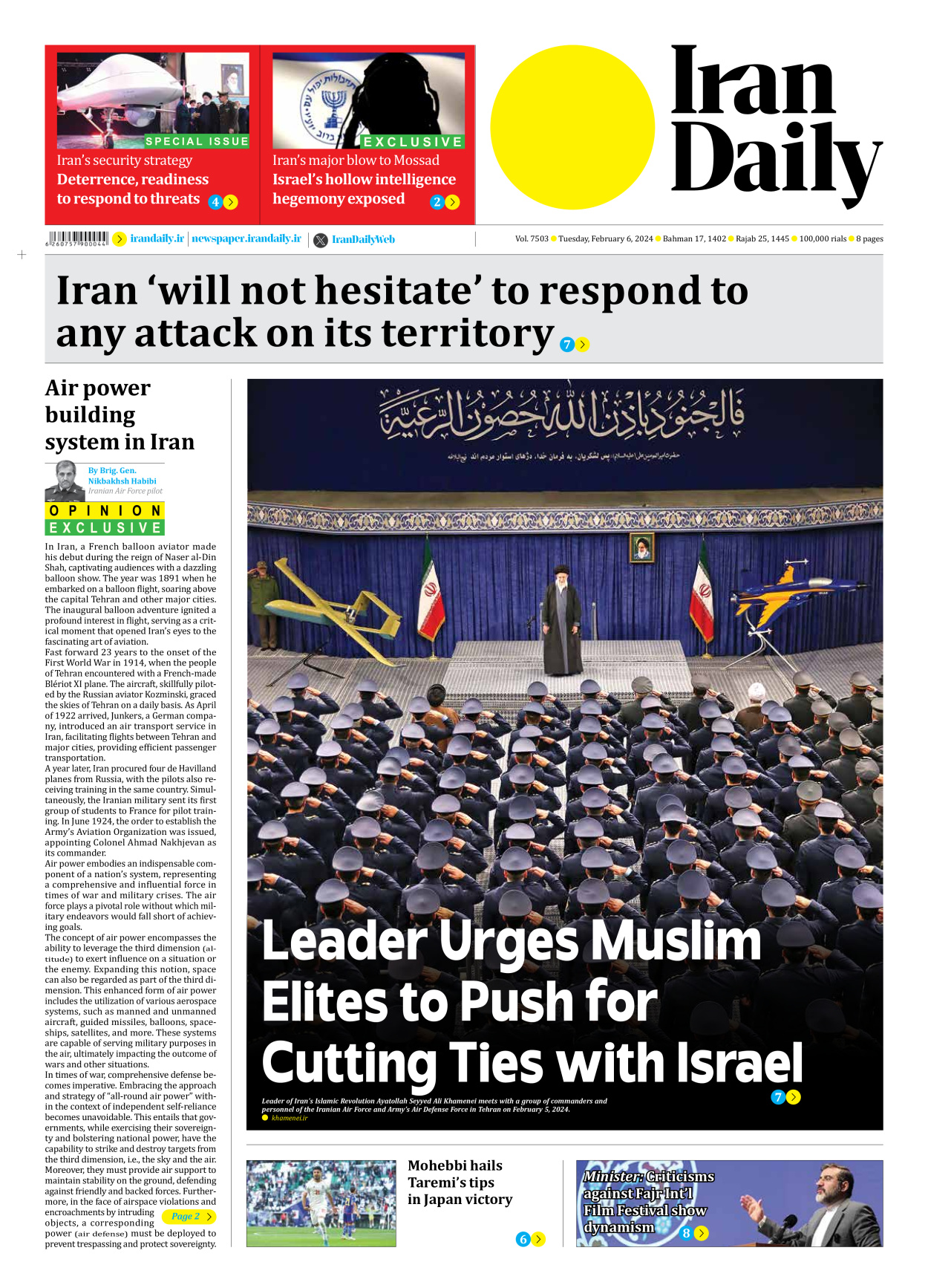 Iran Daily - Number Seven Thousand Five Hundred and Three - 06 February 2024