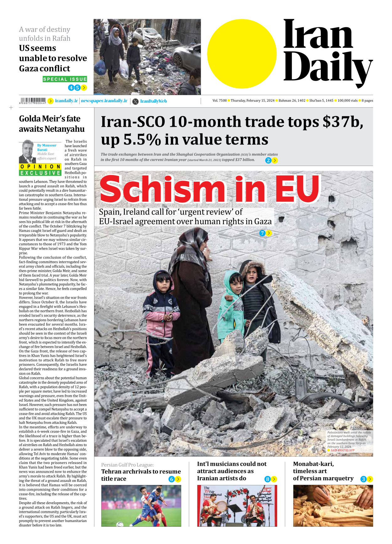 Iran Daily - Number Seven Thousand Five Hundred and Eight - 15 February 2024