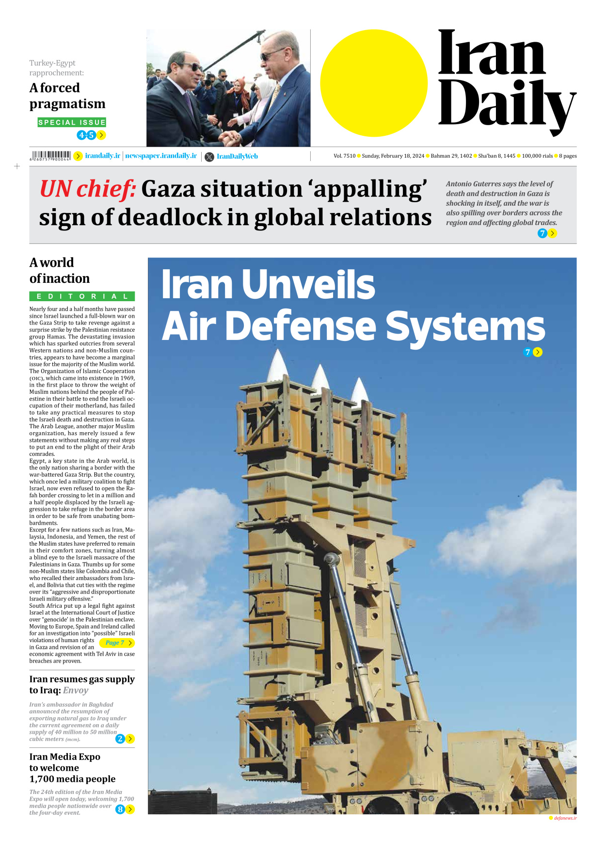 Iran Daily - Number Seven Thousand Five Hundred and Ten - 18 February 2024 - Page 1