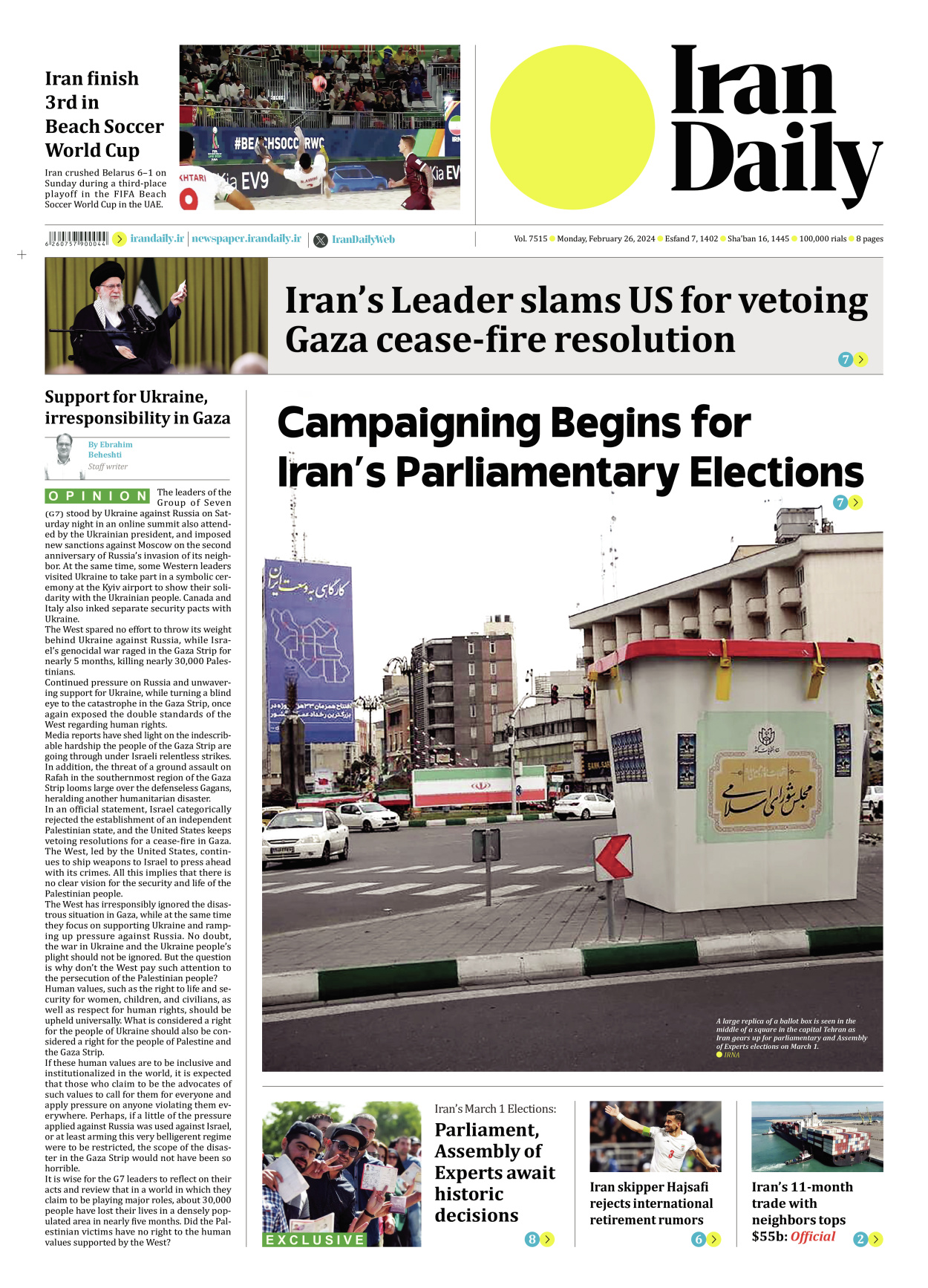 Iran Daily - Number Seven Thousand Five Hundred and Fifteen - 26 February 2024