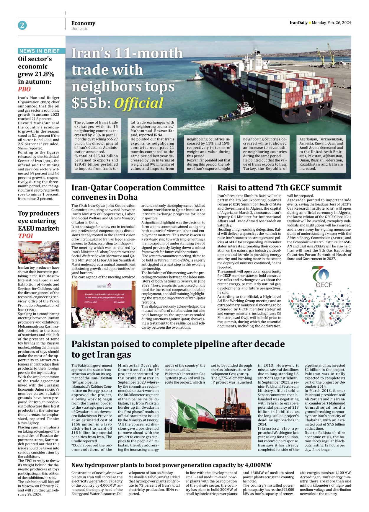 Iran Daily - Number Seven Thousand Five Hundred and Fifteen - 26 February 2024 - Page 2