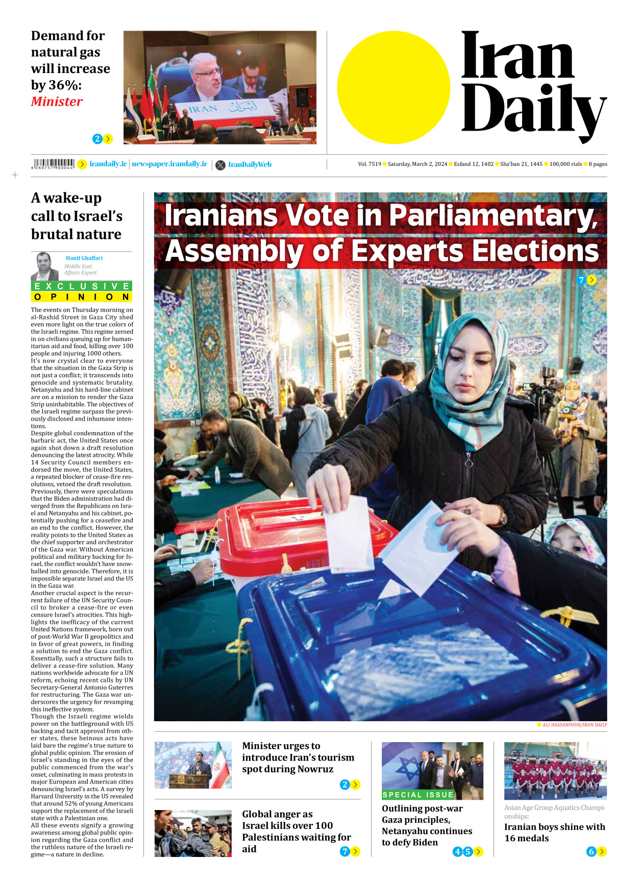 Iran Daily - Number Seven Thousand Five Hundred and Nineteen - 02 March 2024