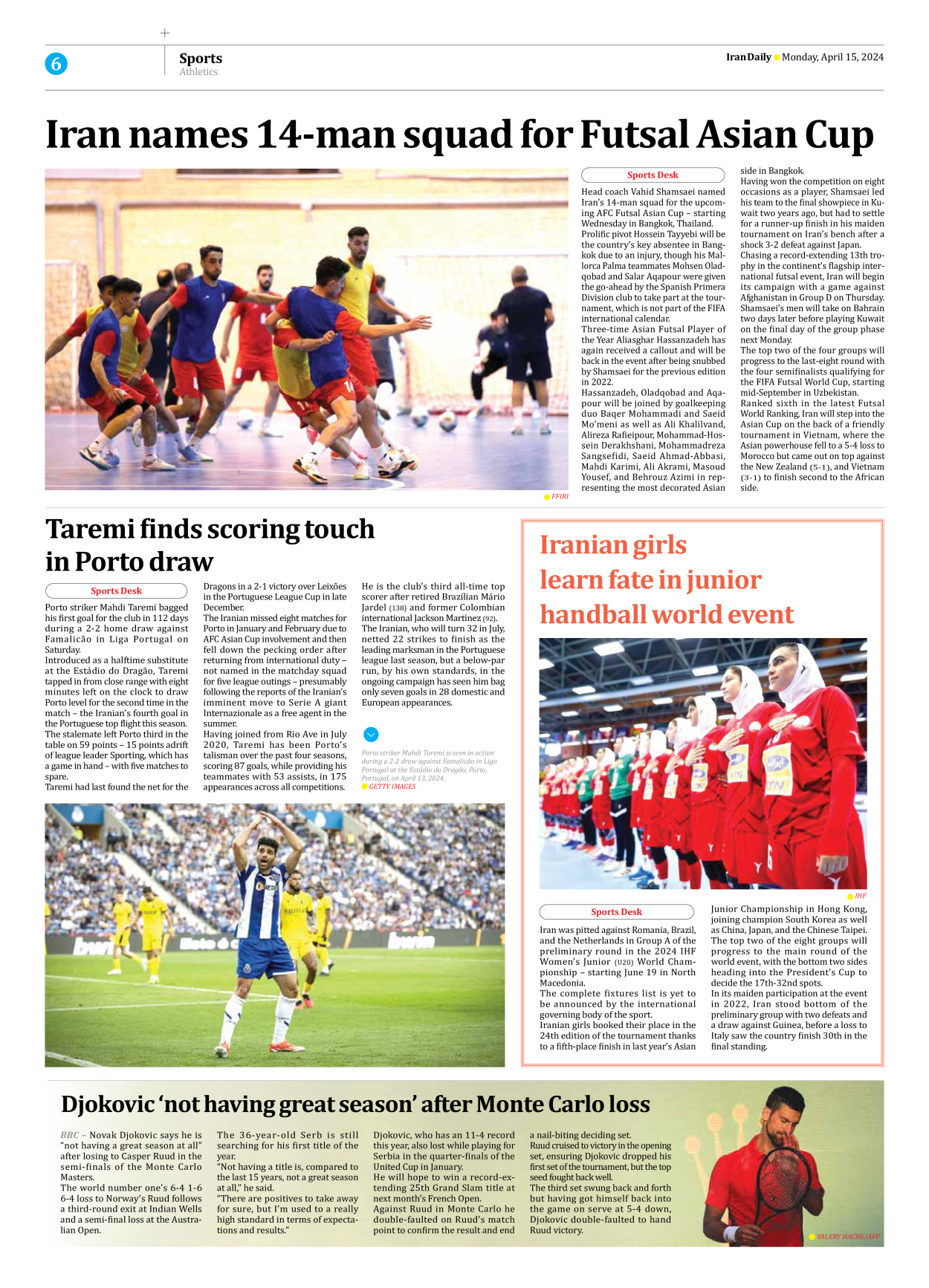 Iran Daily - Number Seven Thousand Five Hundred and Thirty Three - 15 April 2024 - Page 6
