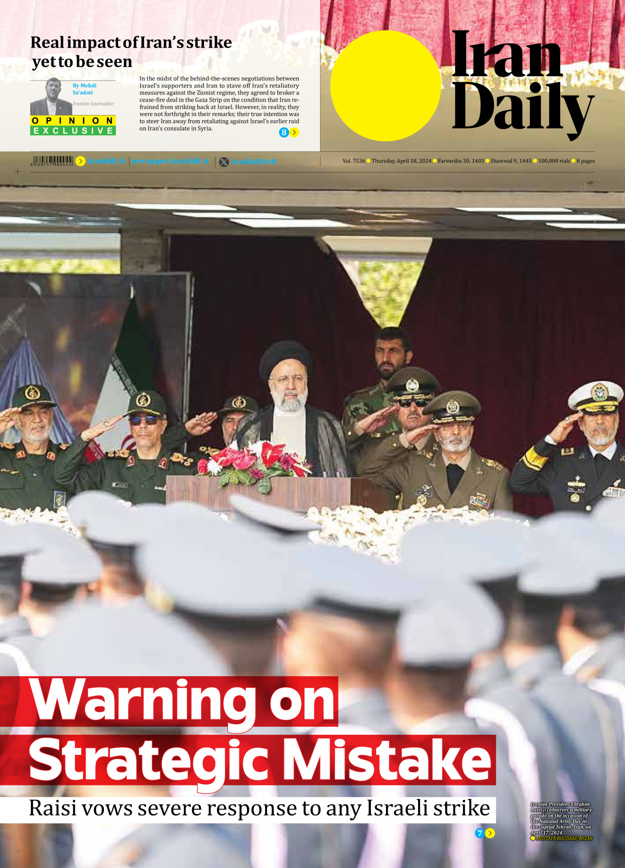 Iran Daily - Number Seven Thousand Five Hundred and Thirty Six - 18 April 2024