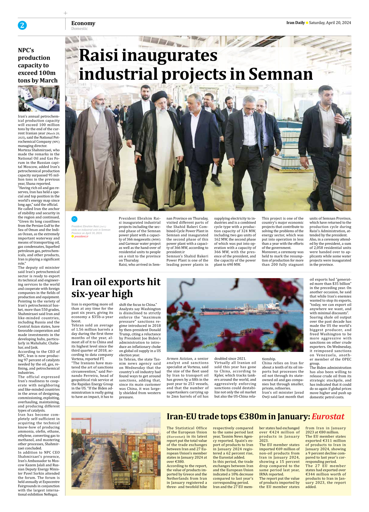Iran Daily - Number Seven Thousand Five Hundred and Thirty Seven - 20 April 2024 - Page 2