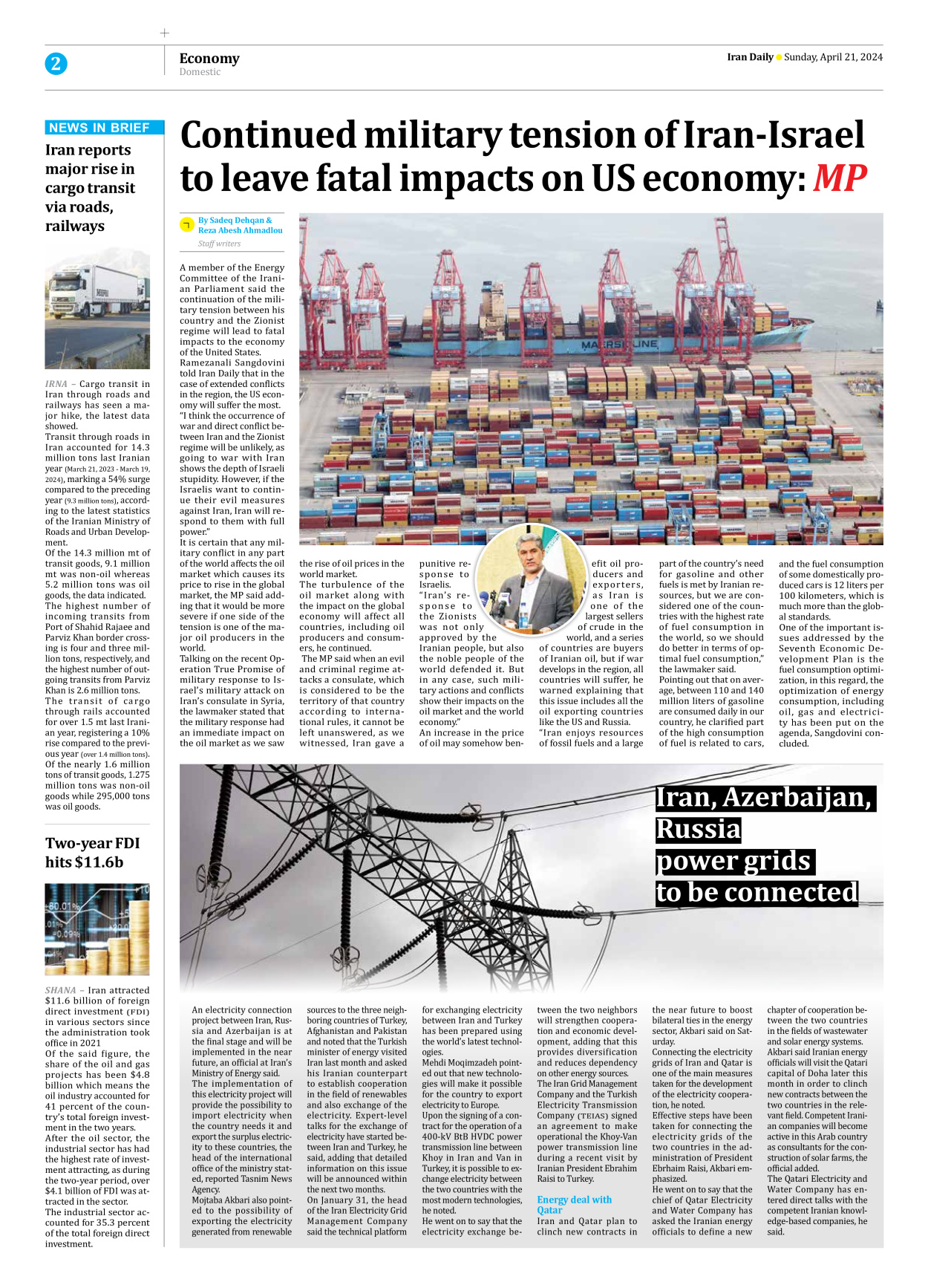 Iran Daily - Number Seven Thousand Five Hundred and Thirty Eight - 21 April 2024 - Page 2