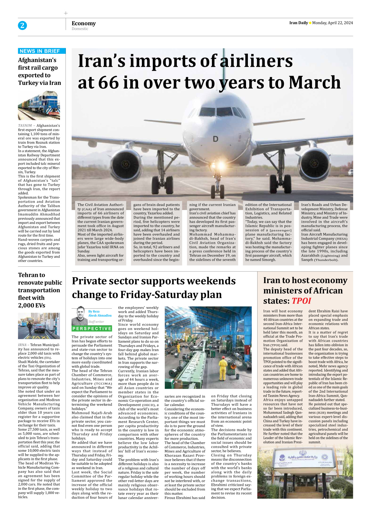 Iran Daily - Number Seven Thousand Five Hundred and Thirty Nine - 22 April 2024 - Page 2