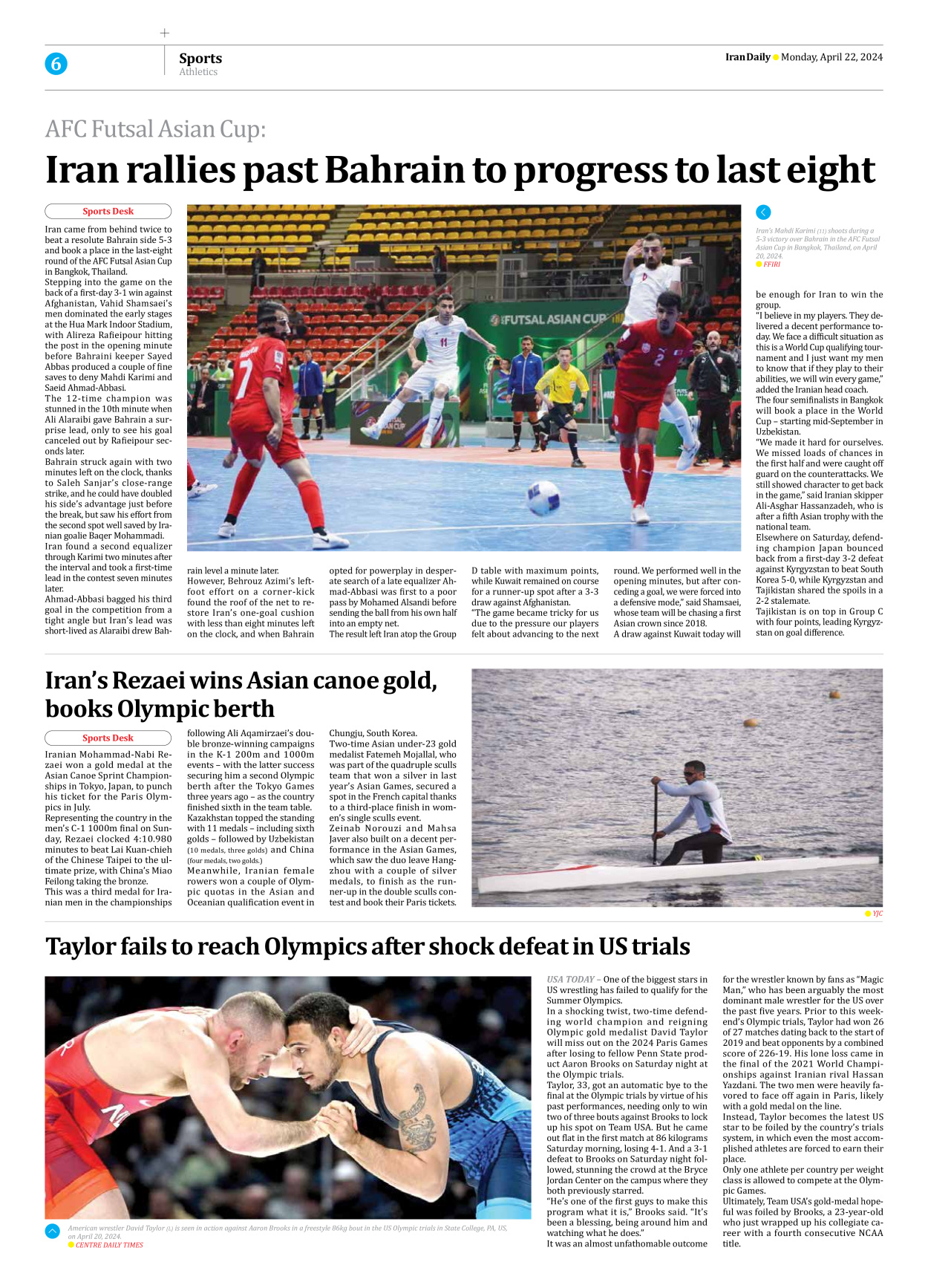 Iran Daily - Number Seven Thousand Five Hundred and Thirty Nine - 22 April 2024 - Page 6