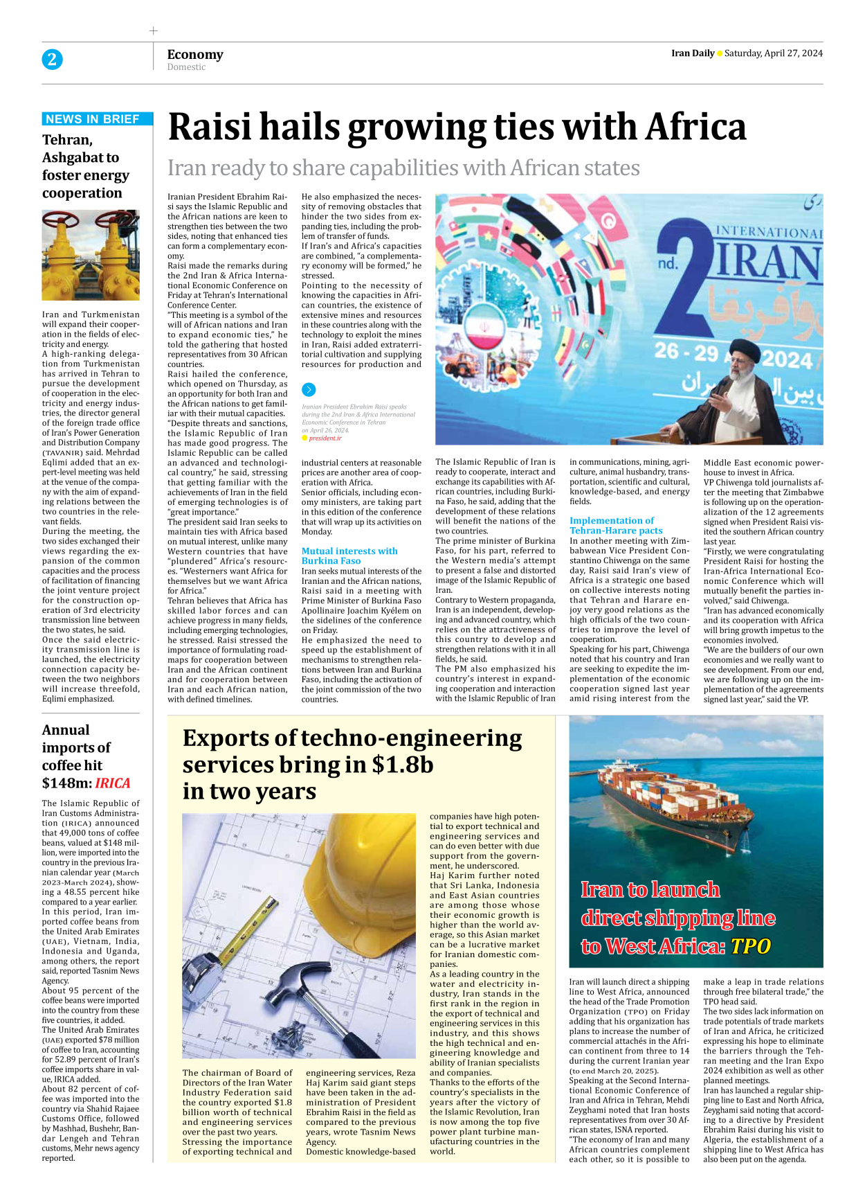Iran Daily - Number Seven Thousand Five Hundred and Forty Three - 27 April 2024 - Page 2