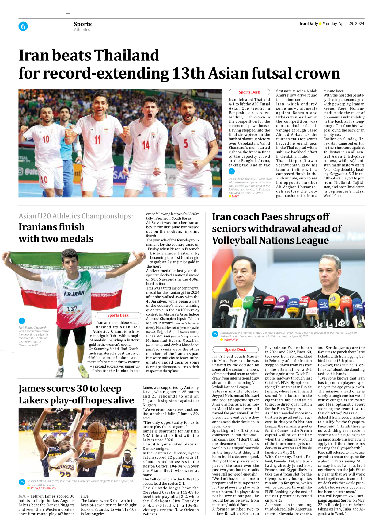 Iran Daily - Number Seven Thousand Five Hundred and Forty Five - 29 April 2024 - Page 6
