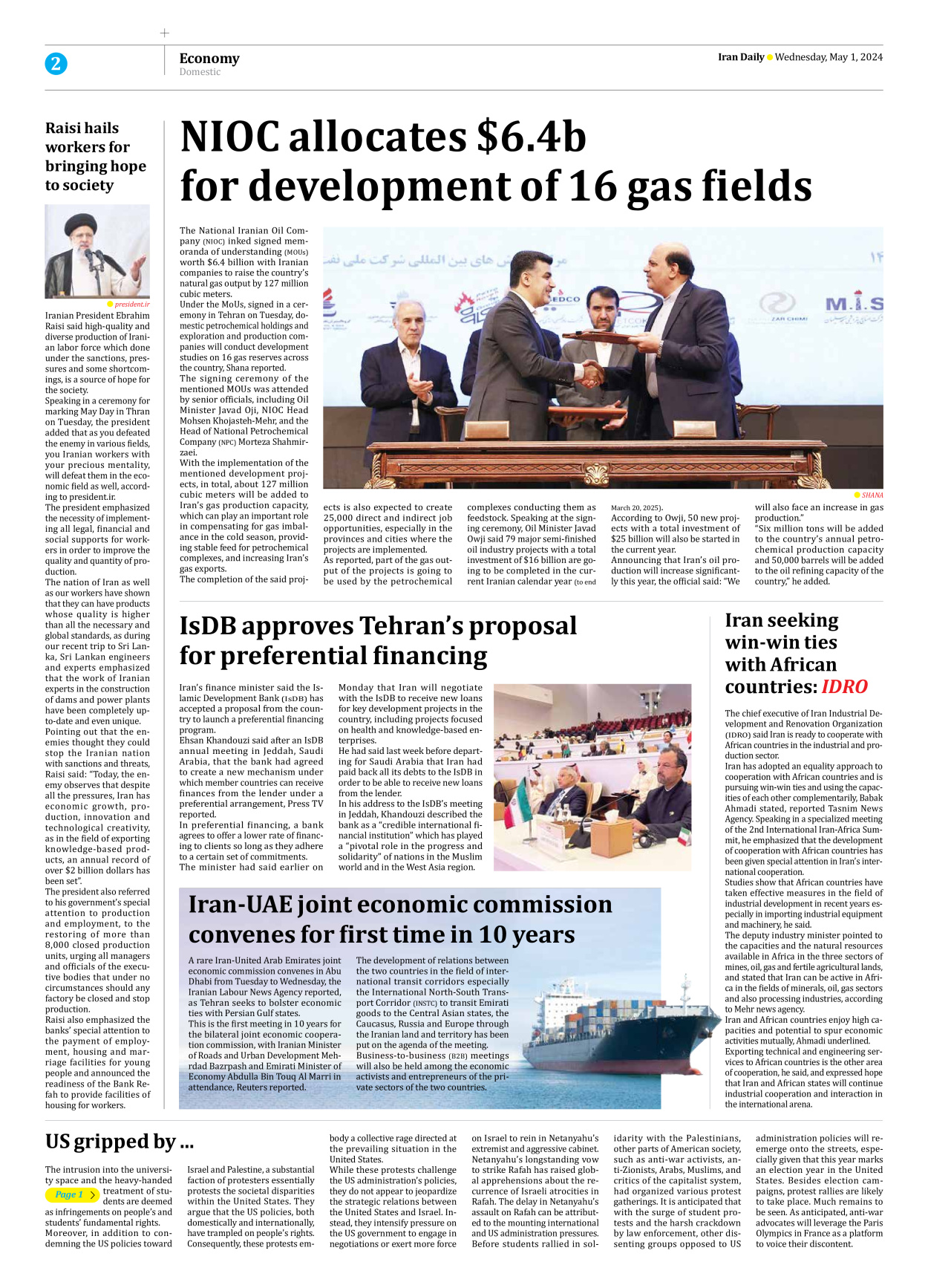 Iran Daily - Number Seven Thousand Five Hundred and Forty Seven - 01 May 2024 - Page 2