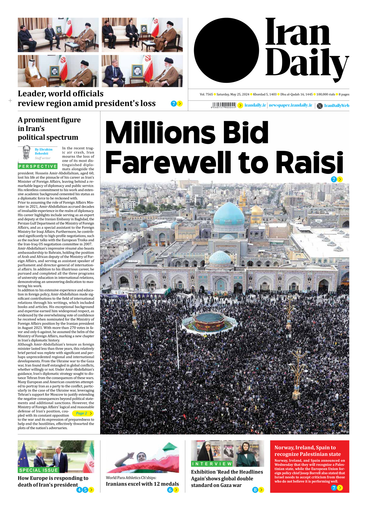 Iran Daily - Number Seven Thousand Five Hundred and Sixty Five - 25 May 2024 - Page 1