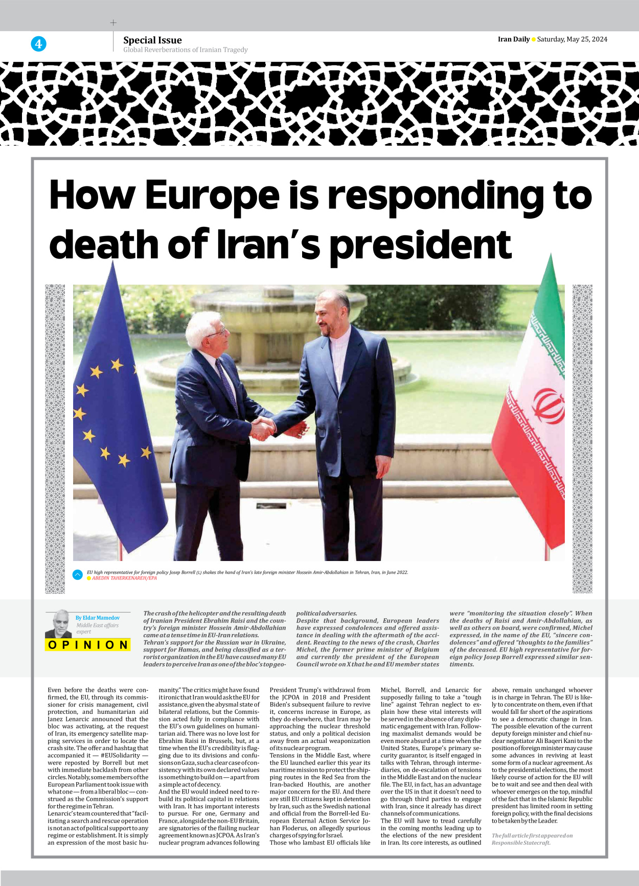 Iran Daily - Number Seven Thousand Five Hundred and Sixty Five - 25 May 2024 - Page 4