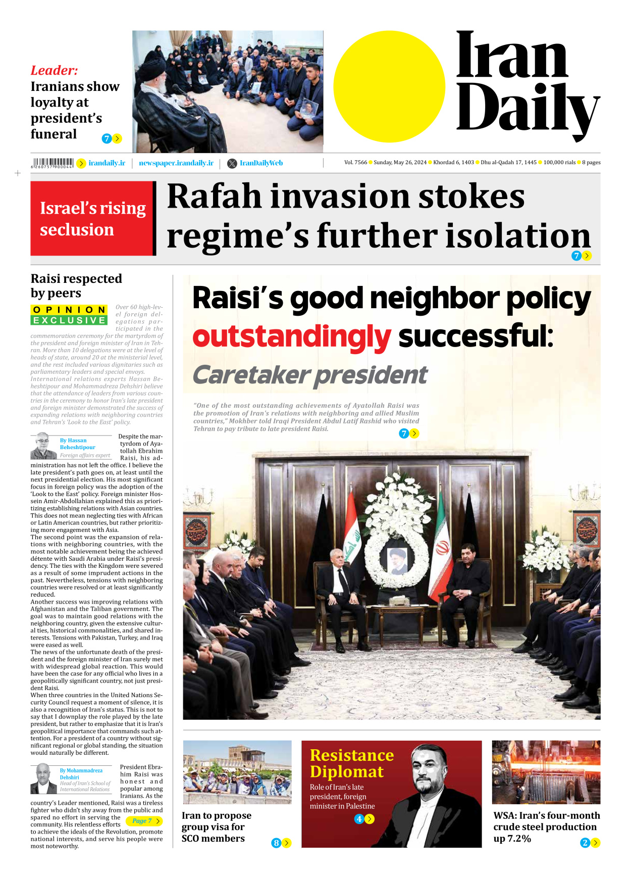 Iran Daily - Number Seven Thousand Five Hundred and Sixty Six - 26 May 2024