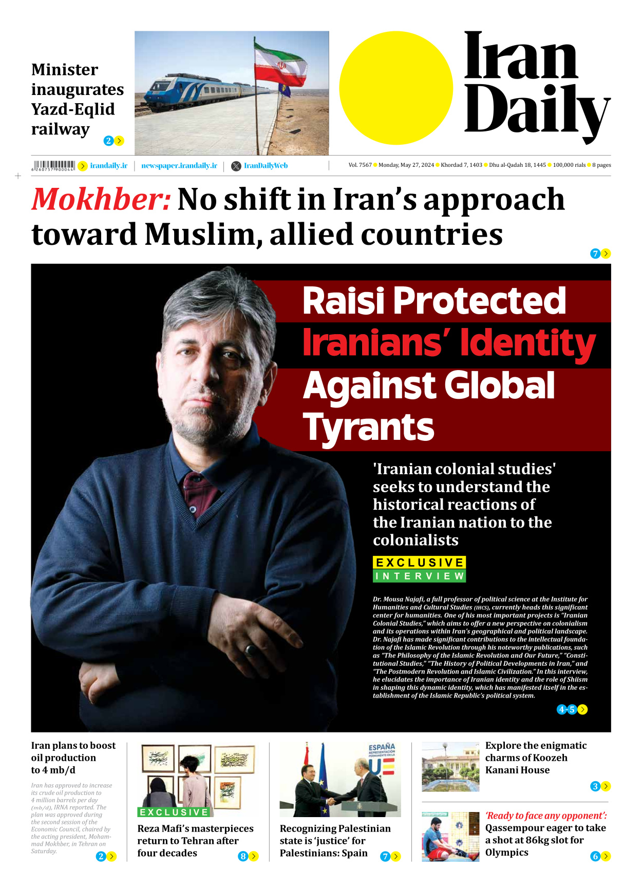 Iran Daily - Number Seven Thousand Five Hundred and Sixty Seven - 27 May 2024 - Page 1