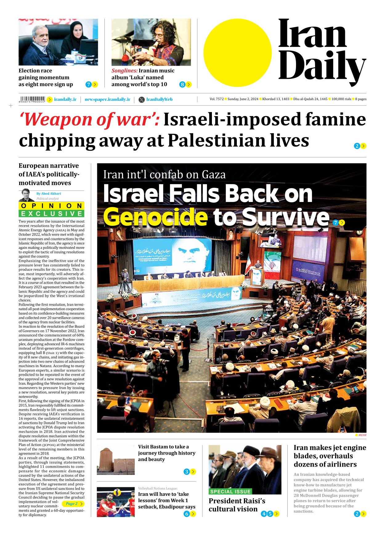 Iran Daily - Number Seven Thousand Five Hundred and Seventy Two - 02 June 2024 - Page 1