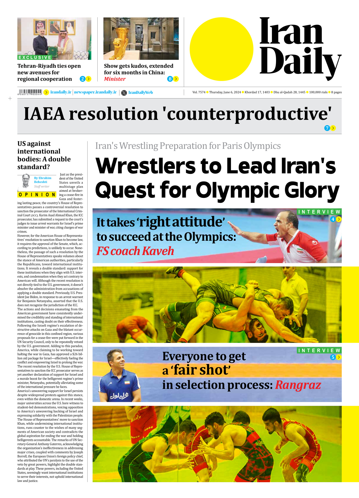 Iran Daily - Number Seven Thousand Five Hundred and Seventy Four - 06 June 2024 - Page 1