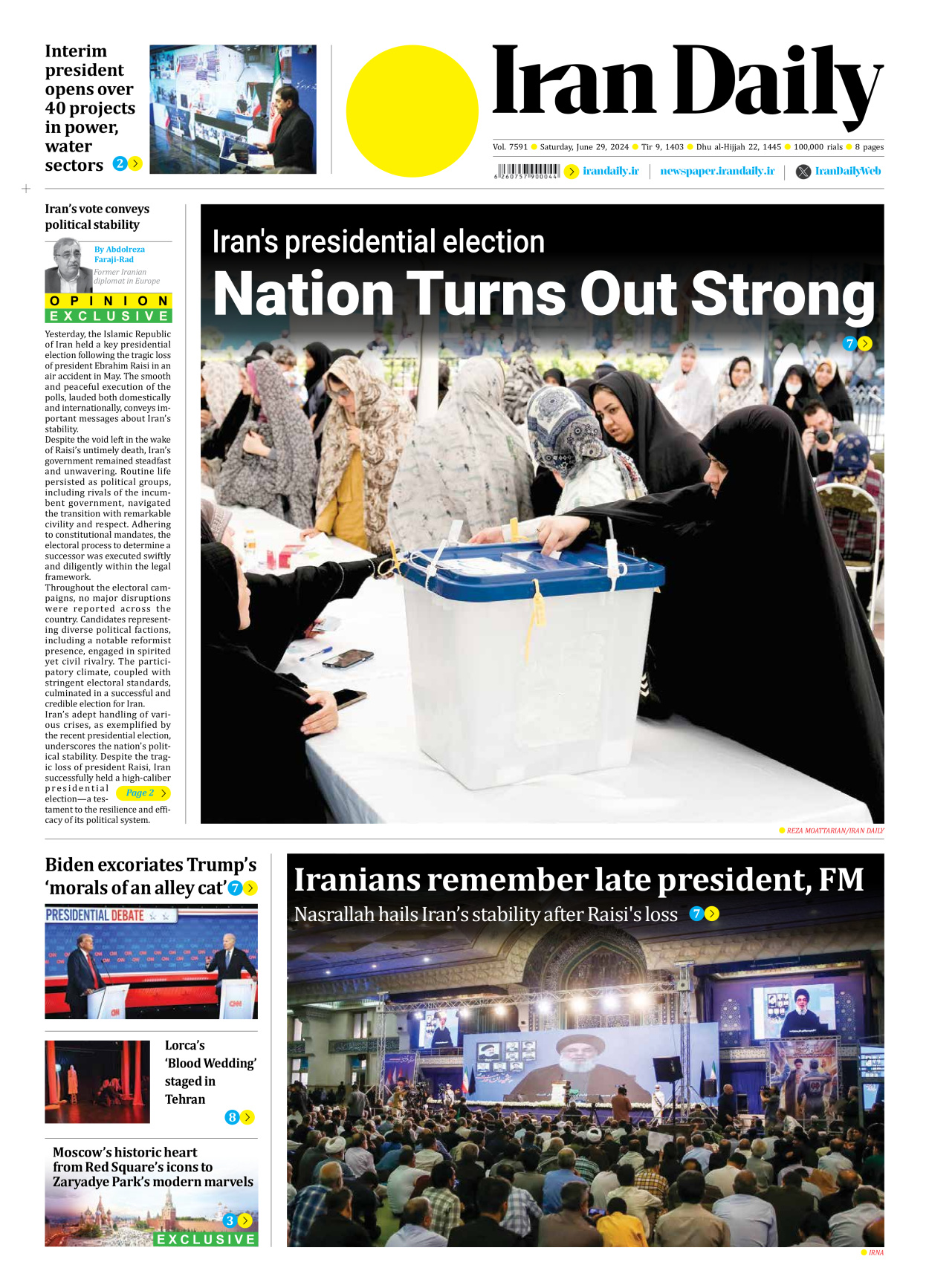 Iran Daily - Number Seven Thousand Five Hundred and Ninety One - 29 June 2024 - Page 1