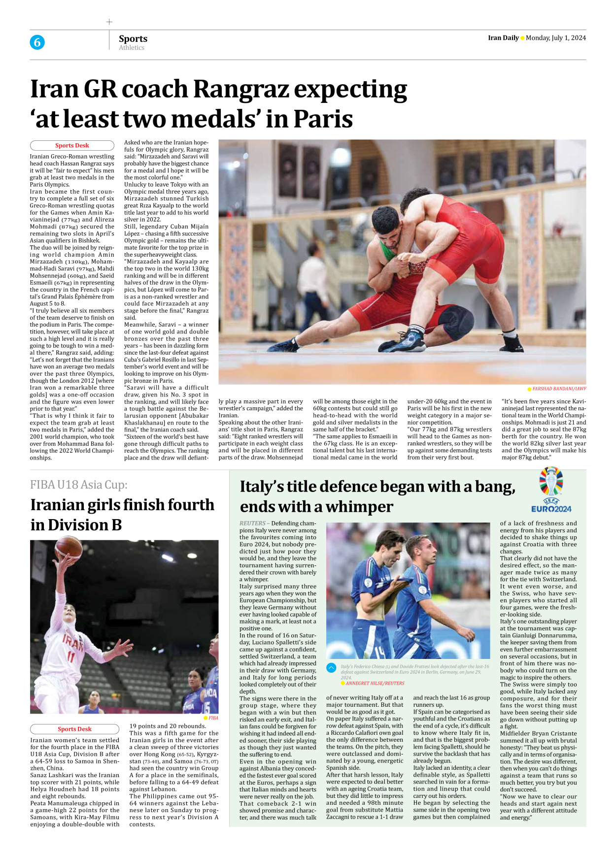 Iran Daily - Number Seven Thousand Five Hundred and Ninety Three - 01 July 2024 - Page 6