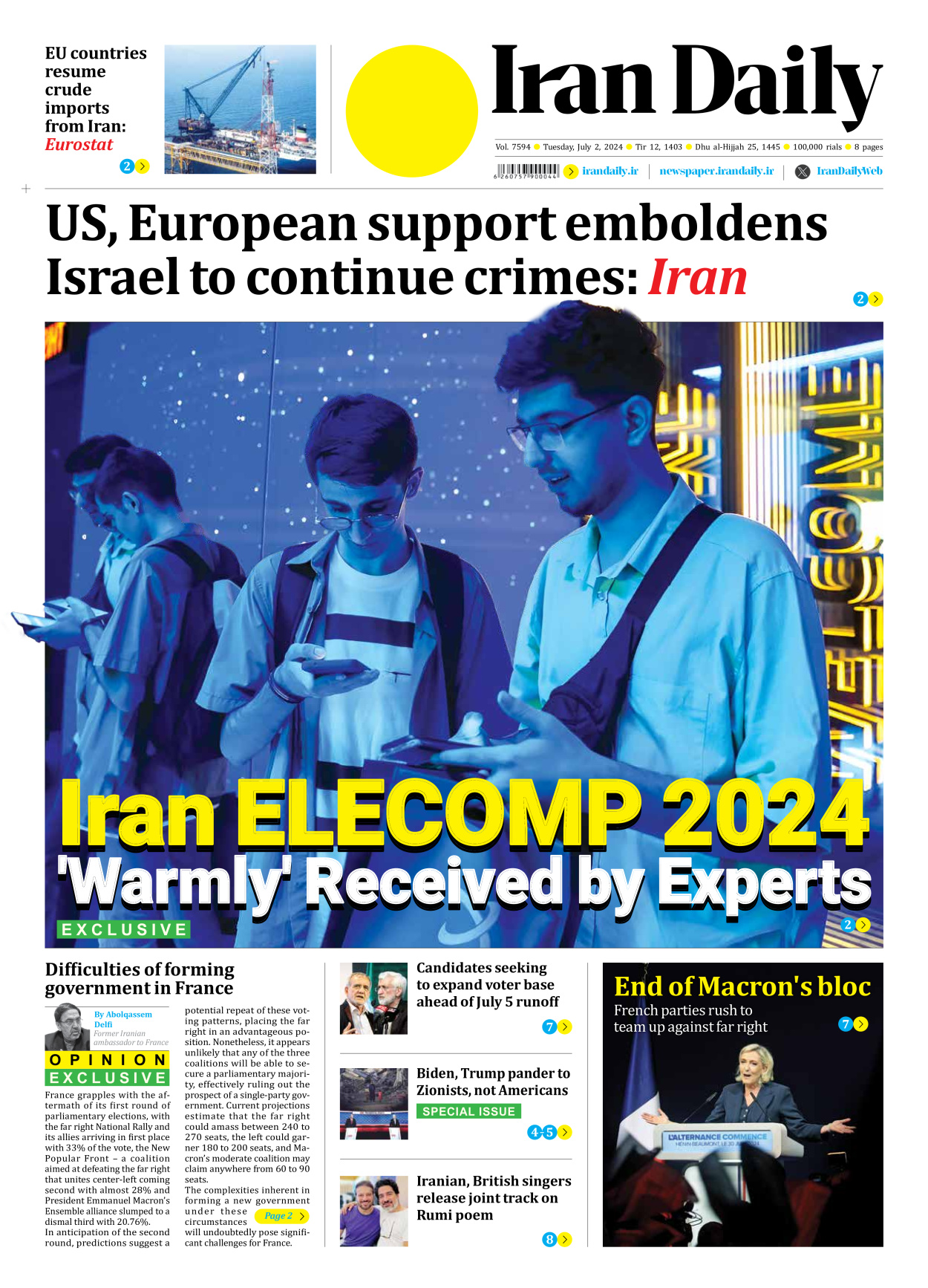 Iran Daily - Number Seven Thousand Five Hundred and Ninety Four - 02 July 2024 - Page 1