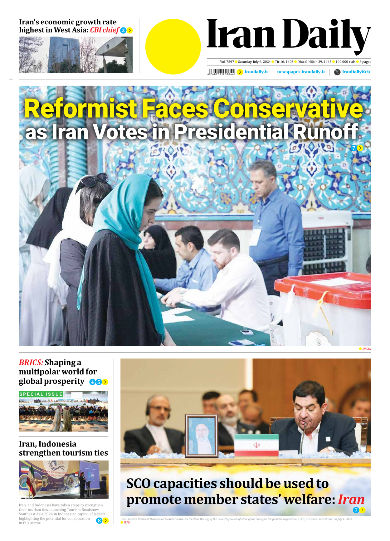 Iran Daily - Number Seven Thousand Five Hundred and Ninety Seven - 06 July 2024 - Page 1
