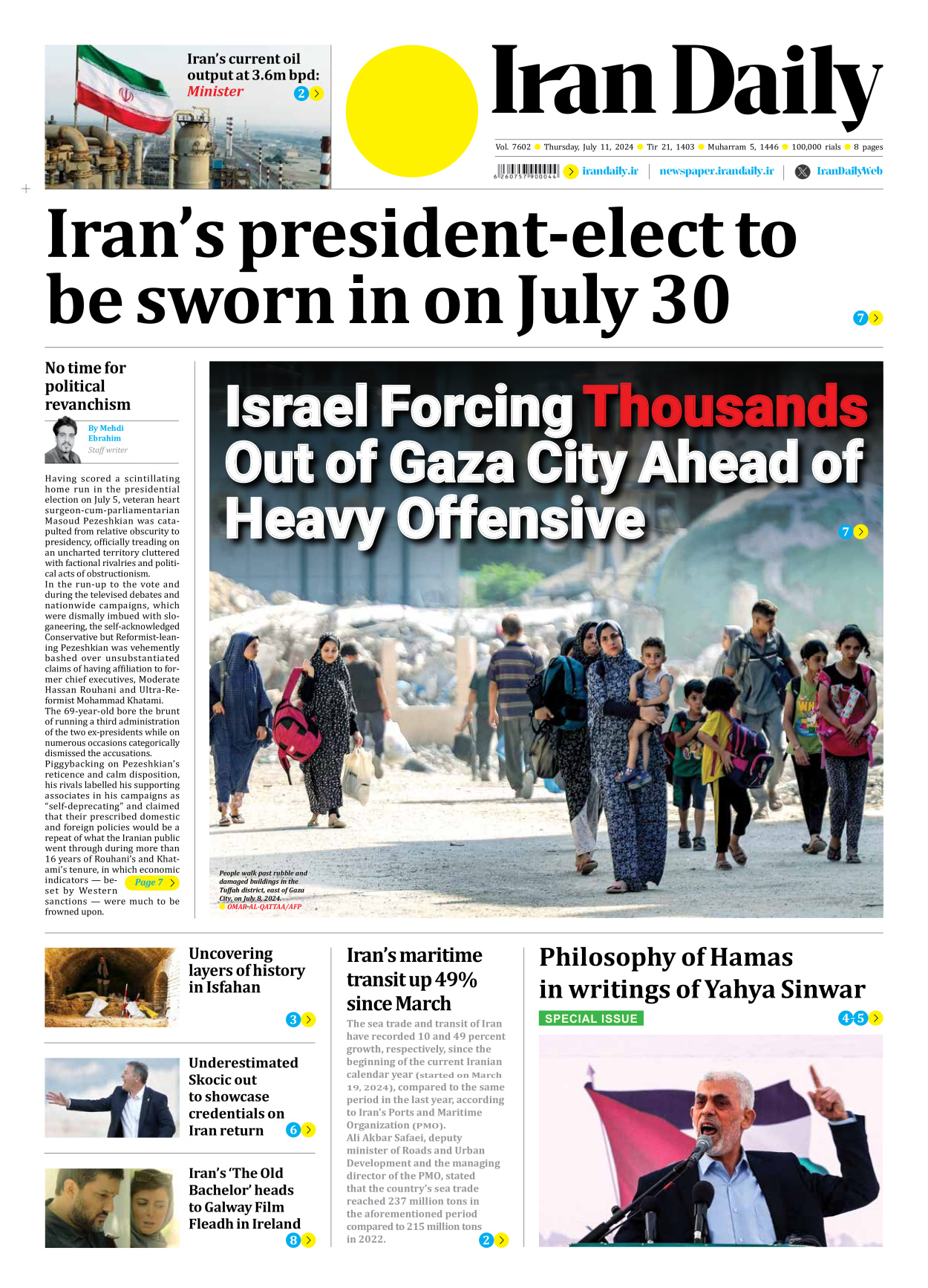 Iran Daily - Number Seven Thousand Six Hundred and Two - 11 July 2024 - Page 1