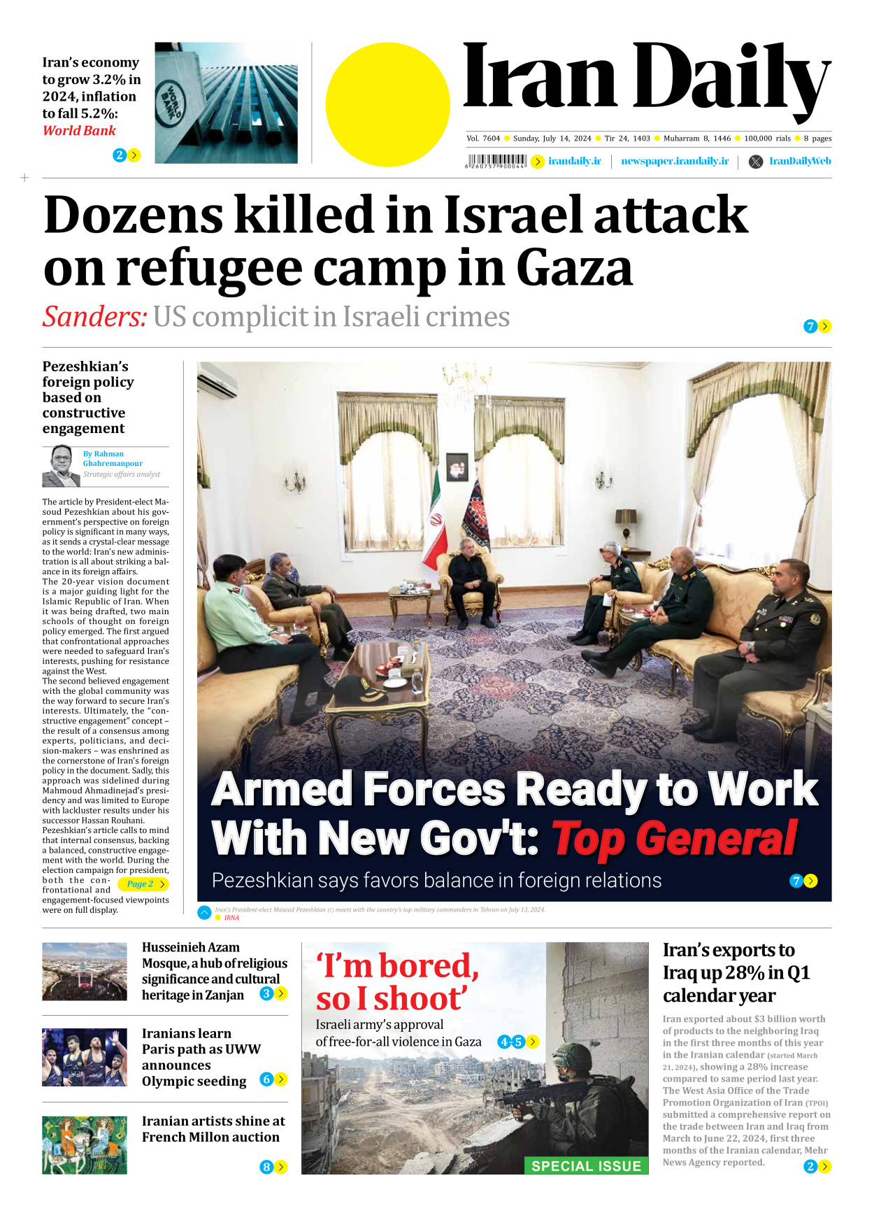 Iran Daily - Number Seven Thousand Six Hundred and Four - 14 July 2024
