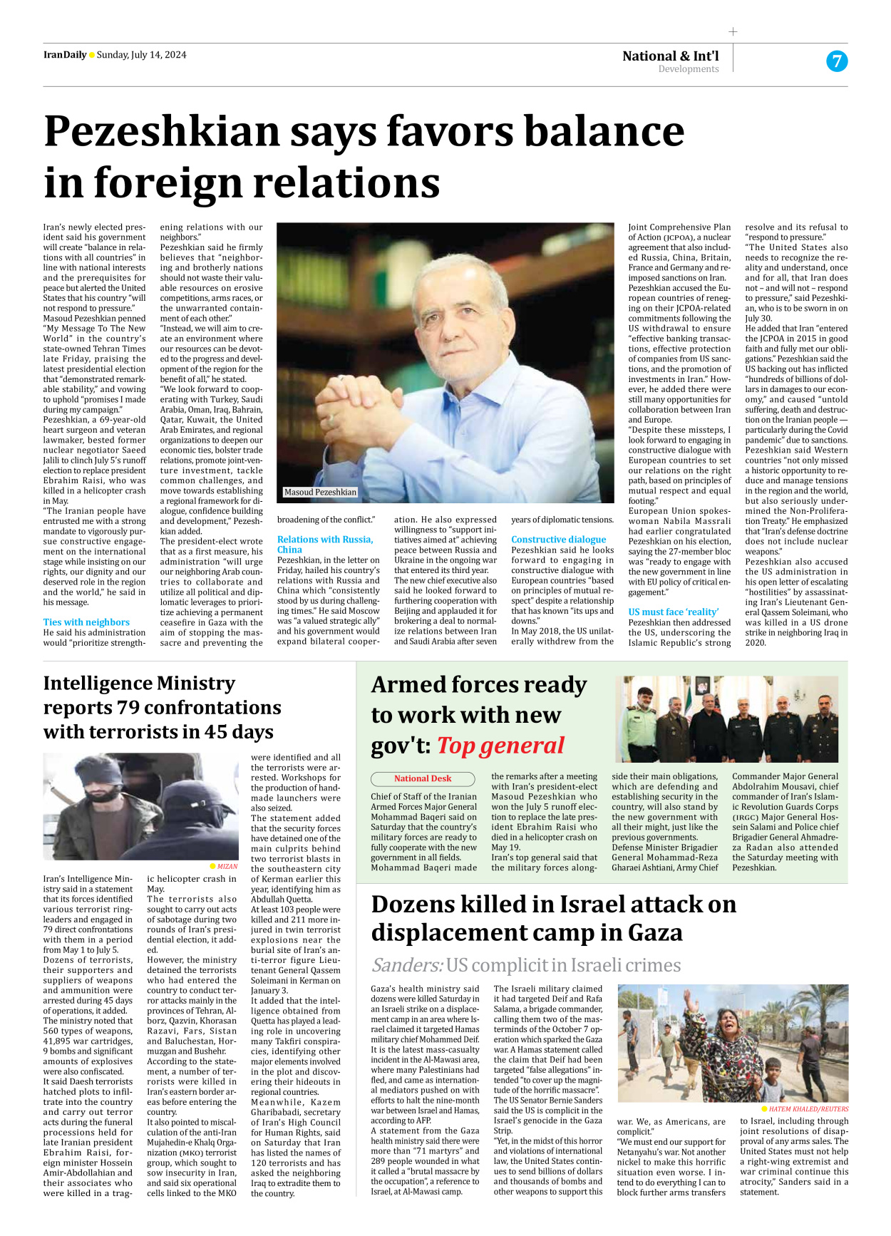 Iran Daily - Number Seven Thousand Six Hundred and Four - 14 July 2024 - Page 7
