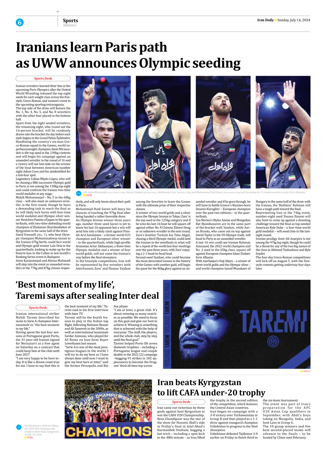 Iran Daily - Number Seven Thousand Six Hundred and Four - 14 July 2024 - Page 6
